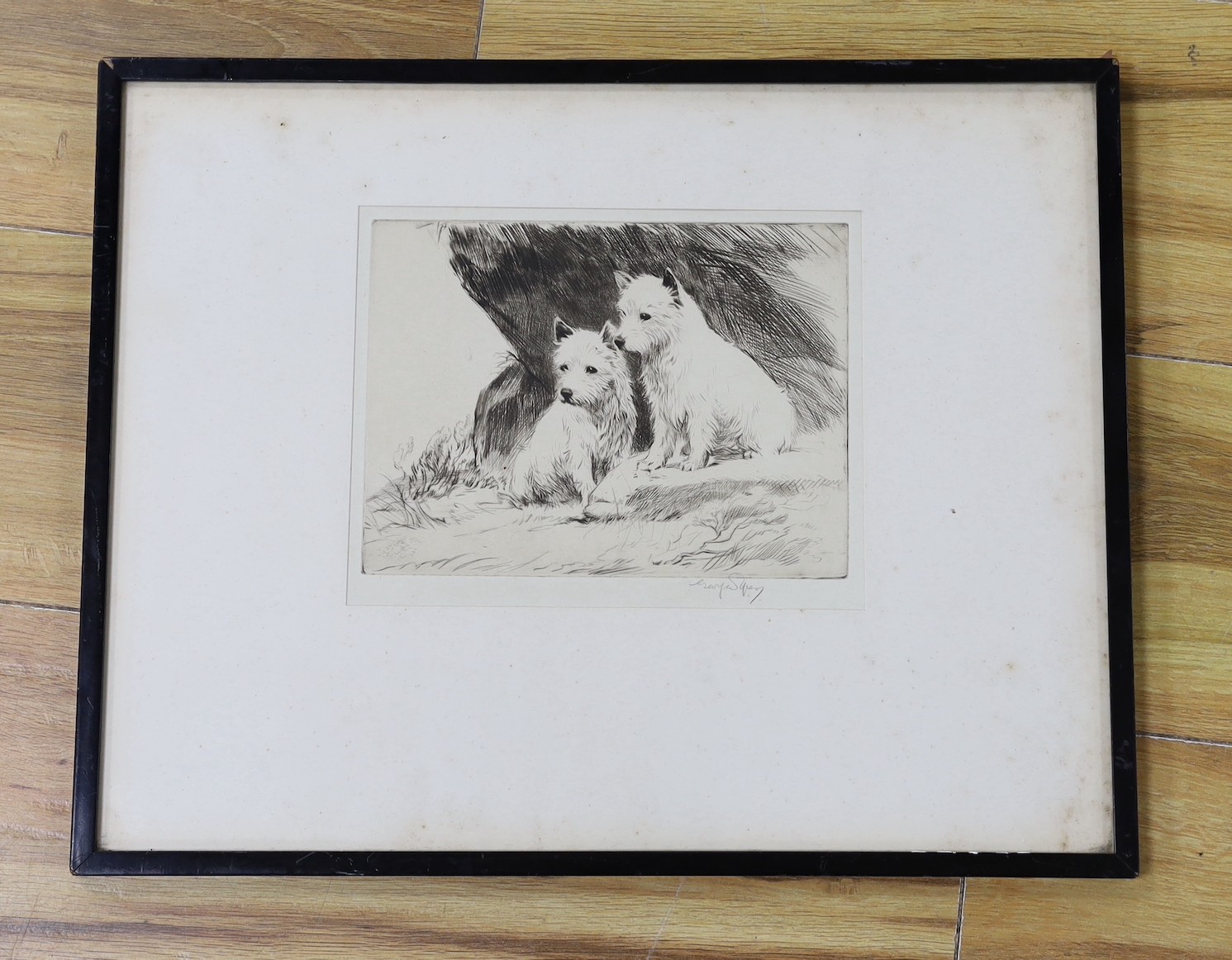 George W. Soper (1870-1942), drypoint etching, White Terriers, signed in pencil, 15 x 20cm